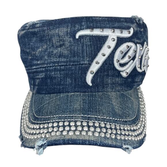 Y2K Texas Jeweled Distressed Denim Army Hat Blue Cotton Cap Adjustable Ones Size - Picture 7 of 9